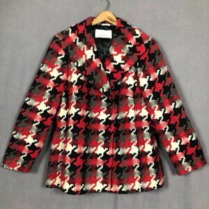 Windsmoor Pea Coat Women's 14 Wool Red Multi Color Houndstooth Short Classic